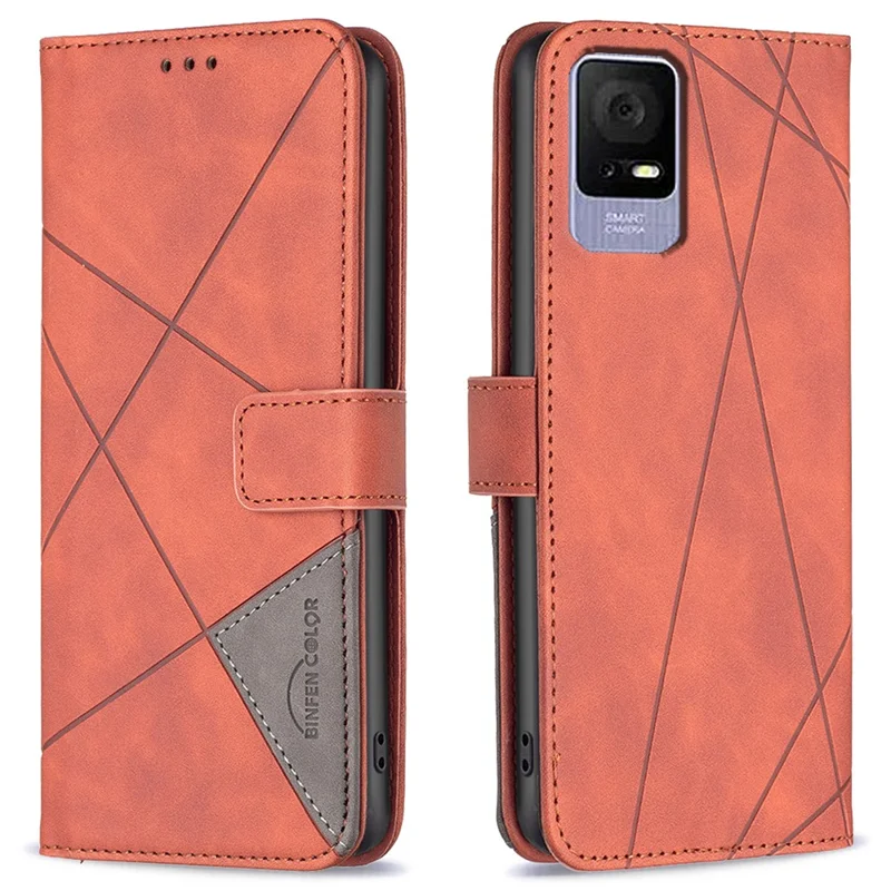 BINFEN COLOR For TCL 405 Phone Cases Wallet Stand Geometry Imprint Leather Cover - Brown