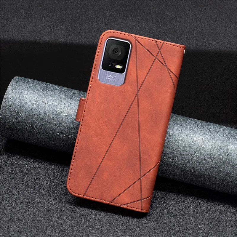 BINFEN COLOR For TCL 405 Phone Cases Wallet Stand Geometry Imprint Leather Cover - Brown