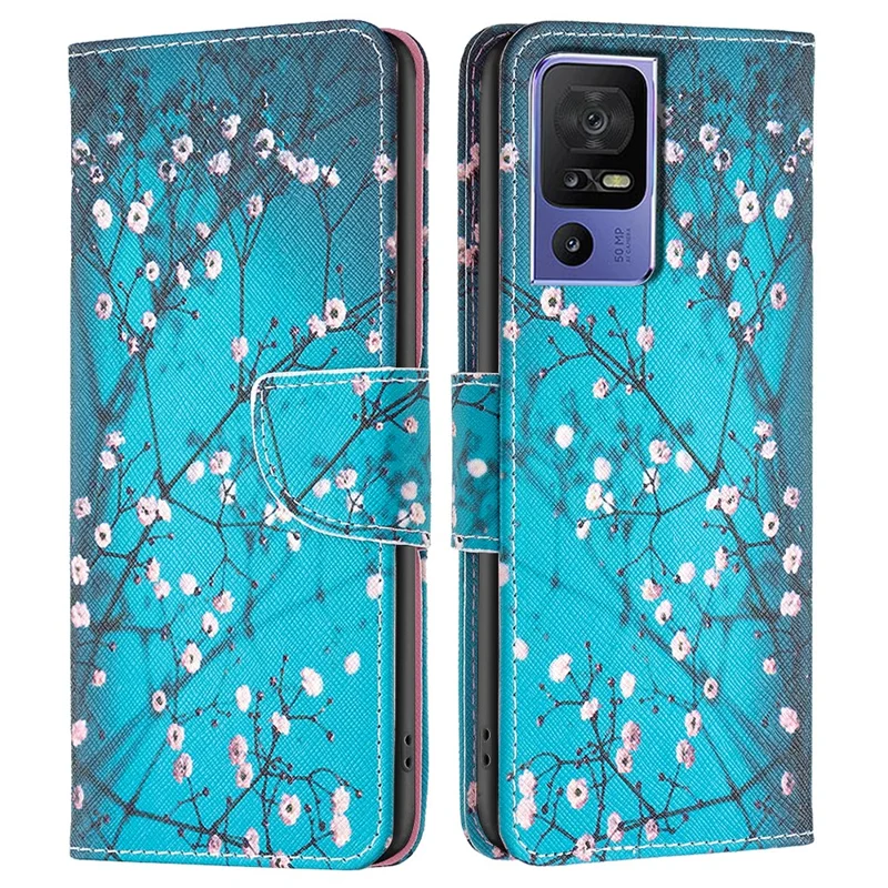 For TCL 40 SE Leather Case Pattern Printing Wallet Stand Cover - Plum Blossom