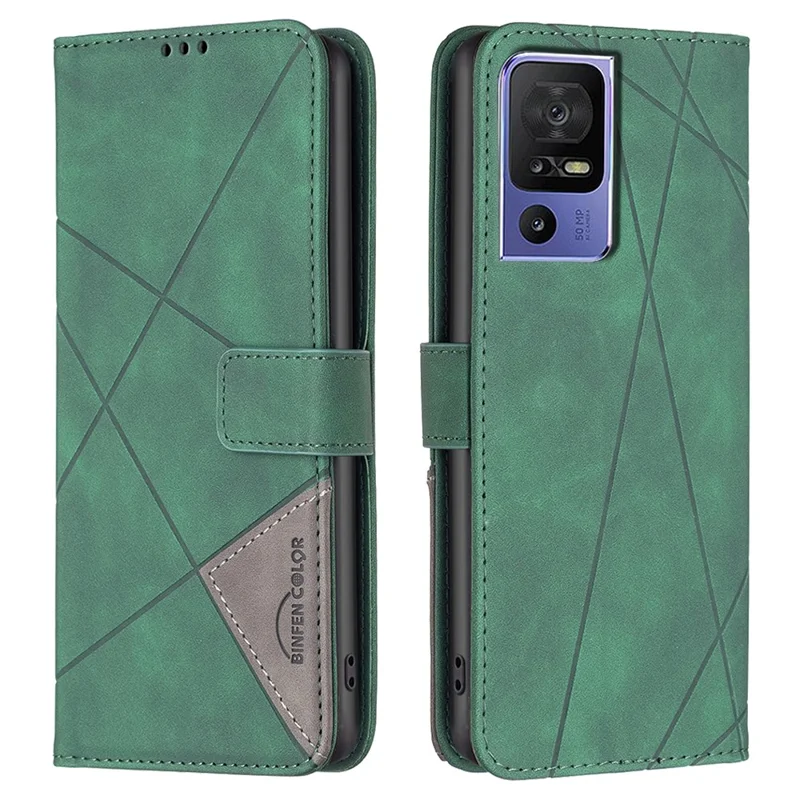 BINFEN COLOR For TCL 40 SE Phone Cases Wallet Stand Geometry Imprint Leather Cover - Green