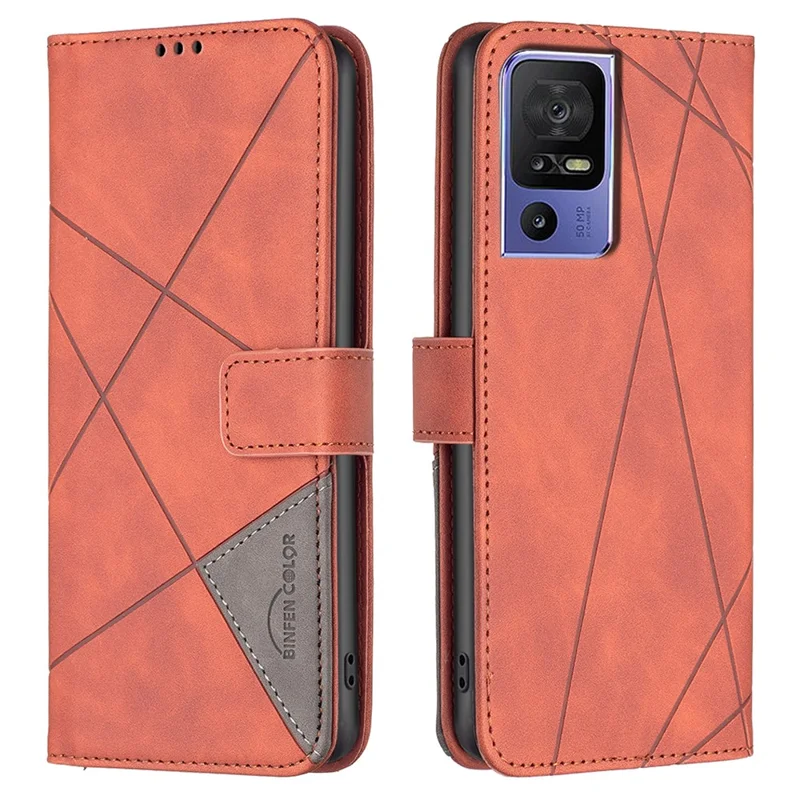 BINFEN COLOR For TCL 40 SE Phone Cases Wallet Stand Geometry Imprint Leather Cover - Brown