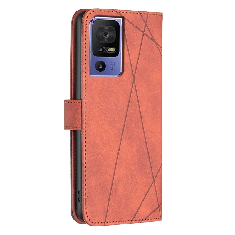 BINFEN COLOR For TCL 40 SE Phone Cases Wallet Stand Geometry Imprint Leather Cover - Brown