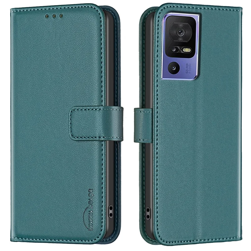 BINFEN COLOR BF17 For TCL 40 SE Leather Case Wallet Phone Stand Cover - Green