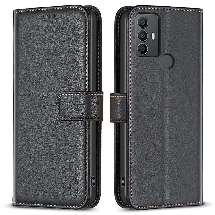 BINFEN COLOR BF17 For TCL 305 / 306 / 30 SE / 30E Leather Case Wallet Flip Phone Cover - Black