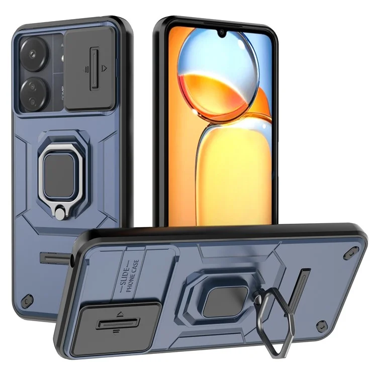 For Xiaomi Redmi 13C 4G / 13C 5G / Poco C65 4G / Poco M6 5G / 13R 5G Case Kickstand Phone Cover with Slide Lens Lid - Blue