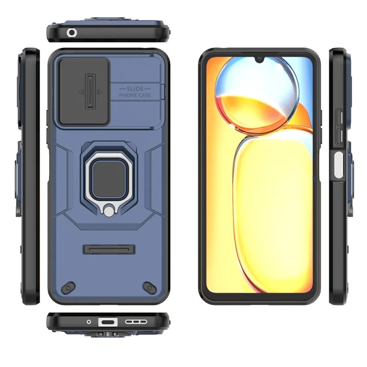 For Xiaomi Redmi 13C 4G / 13C 5G / Poco C65 4G / Poco M6 5G / 13R 5G Case Kickstand Phone Cover with Slide Lens Lid - Blue