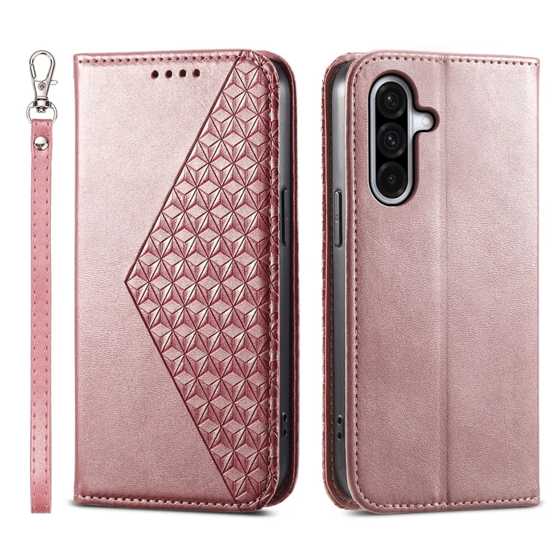 For Samsung Galaxy A35 5G Case Splicing Rhombus PU Leather+TPU Wallet Cover - Rose Gold