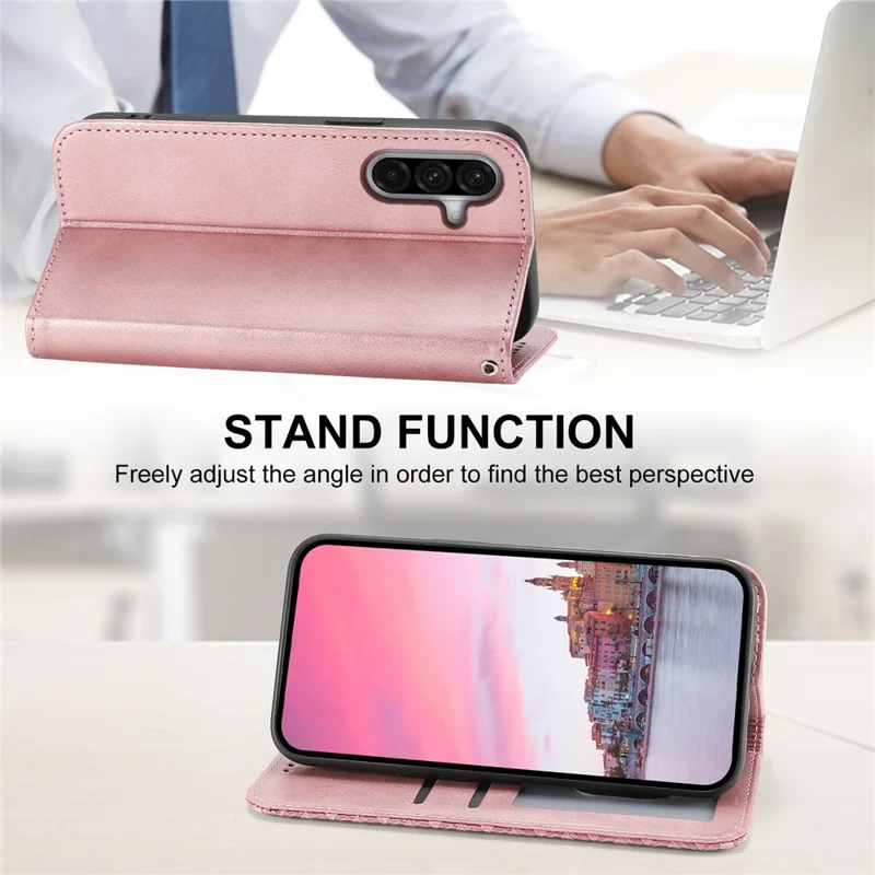 For Samsung Galaxy A35 5G Case Splicing Rhombus PU Leather+TPU Wallet Cover - Rose Gold