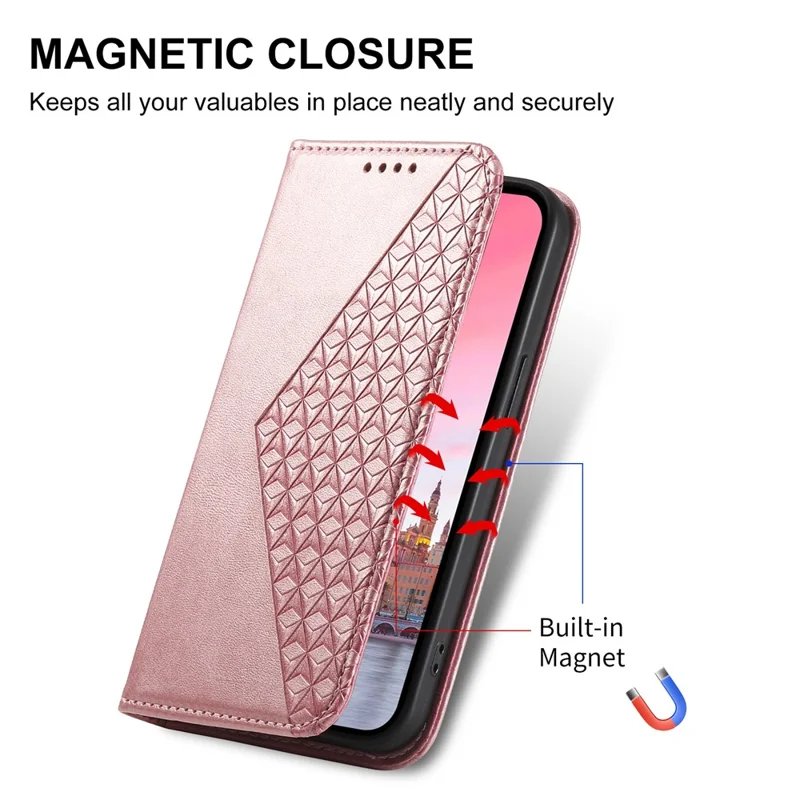 For Samsung Galaxy A35 5G Case Splicing Rhombus PU Leather+TPU Wallet Cover - Rose Gold
