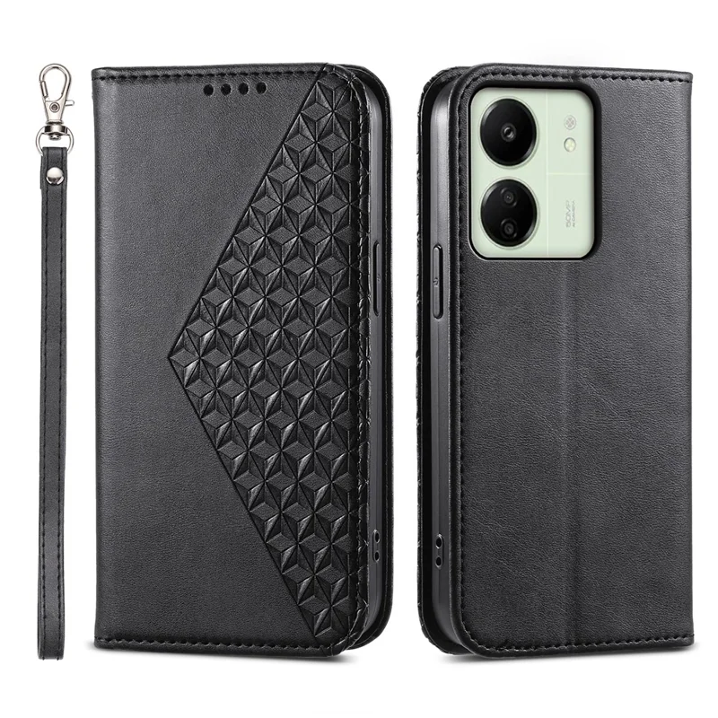 For Xiaomi Redmi 13C 4G / 13C 5G / Poco C65 4G / Poco M6 5G / 13R 5G Case Imprinted Rhombus Pattern PU Leather Mobile Phone Cover - Black