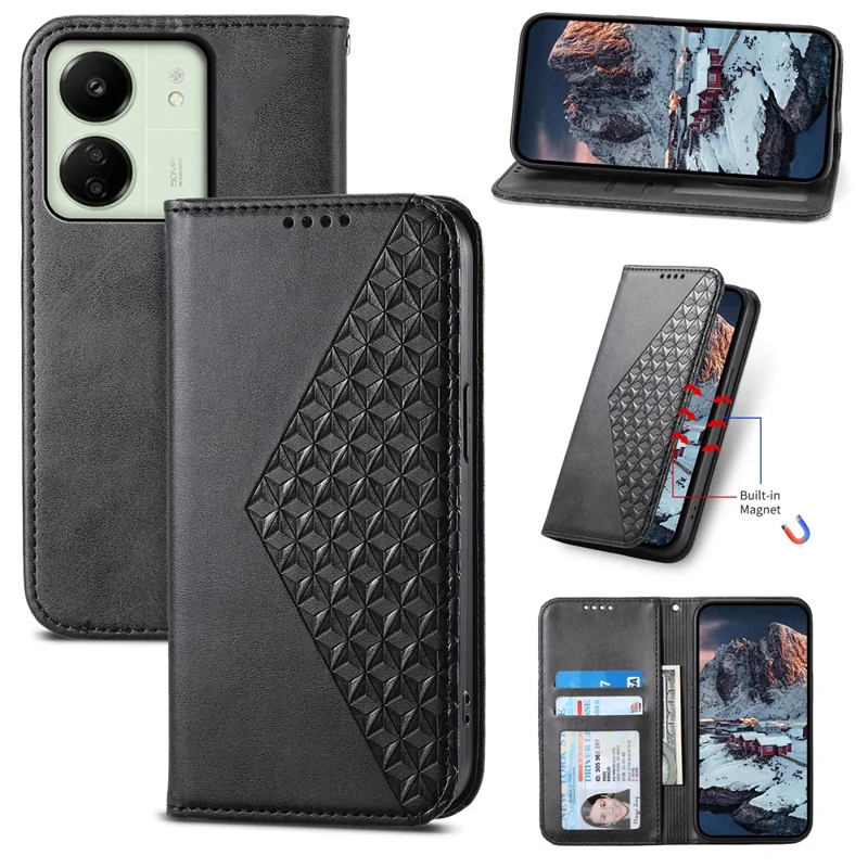 For Xiaomi Redmi 13C 4G / 13C 5G / Poco C65 4G / Poco M6 5G / 13R 5G Case Imprinted Rhombus Pattern PU Leather Mobile Phone Cover - Black