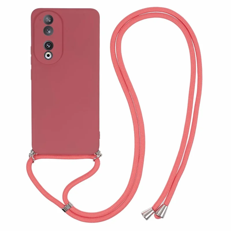 For Honor 90 Cell Phone Case TPU Fiber Inner Lining Protective Cover with Lanyard - Hawthorn Red