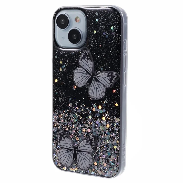 Butterfly Decor Sparkle Epoxy Cover For iPhone 15 Phone Case AW Series TPU+PVC Shell - Black
