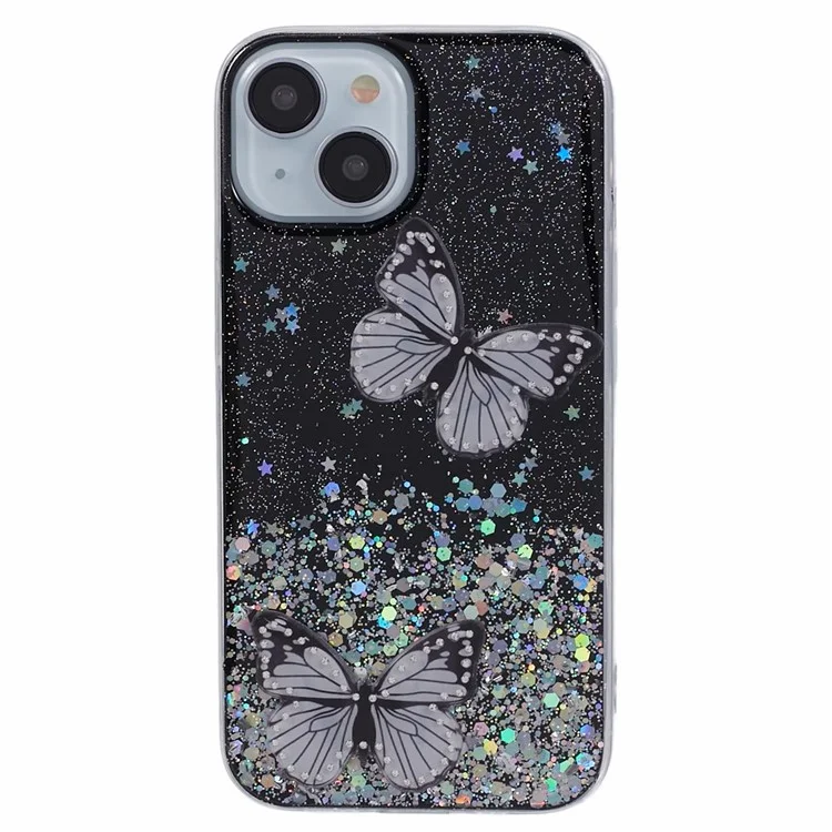 Butterfly Decor Sparkle Epoxy Cover For iPhone 15 Phone Case AW Series TPU+PVC Shell - Black