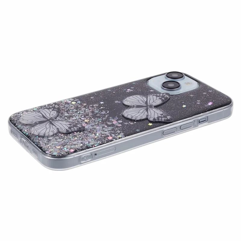 Butterfly Decor Sparkle Epoxy Cover For iPhone 15 Phone Case AW Series TPU+PVC Shell - Black
