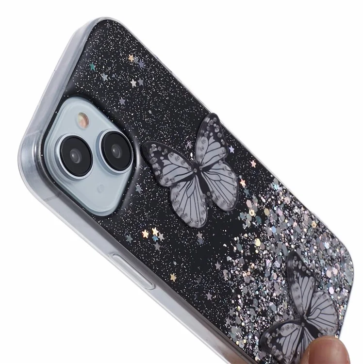 Butterfly Decor Sparkle Epoxy Cover For iPhone 15 Phone Case AW Series TPU+PVC Shell - Black