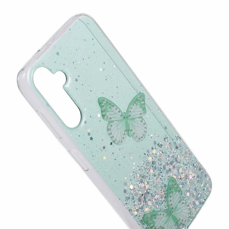 For Samsung Galaxy A54 5G Case AW Series TPU+PVC Butterfly Decor Sparkle Epoxy Cover - Green