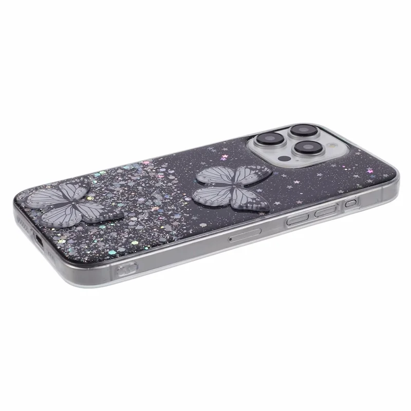 AW Series For iPhone 15 Pro Case TPU+PVC Sparkle Epoxy Big Rear Lens Hole Protective Cover - Black