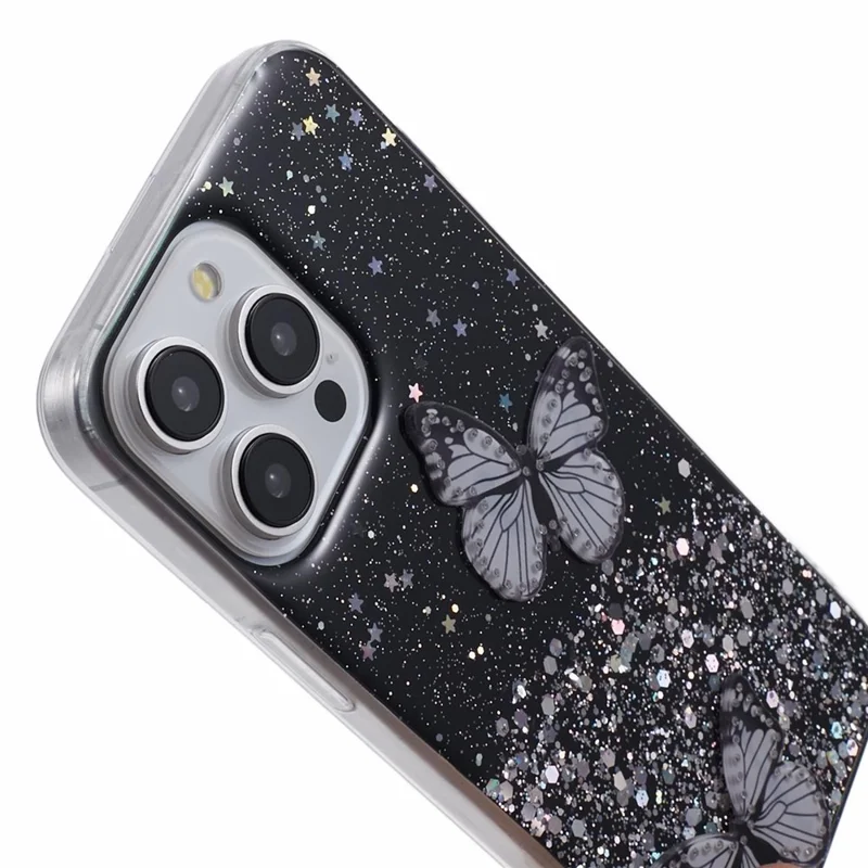 AW Series For iPhone 15 Pro Case TPU+PVC Sparkle Epoxy Big Rear Lens Hole Protective Cover - Black
