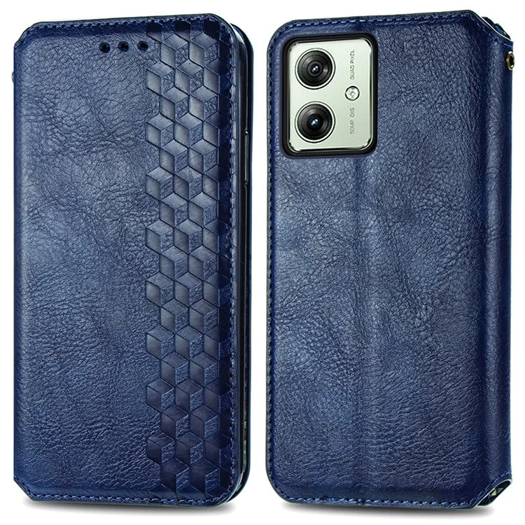 Para Motorola Moto G54 5G Case Rhombus Imprinted PU Leather Wallet Stand Phone Cover - Azul
