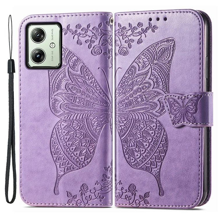 Per Motorola Moto G54 5G Cell Phone Case PU Leather Butterfly Pattern Wallet Cover - Light Purple