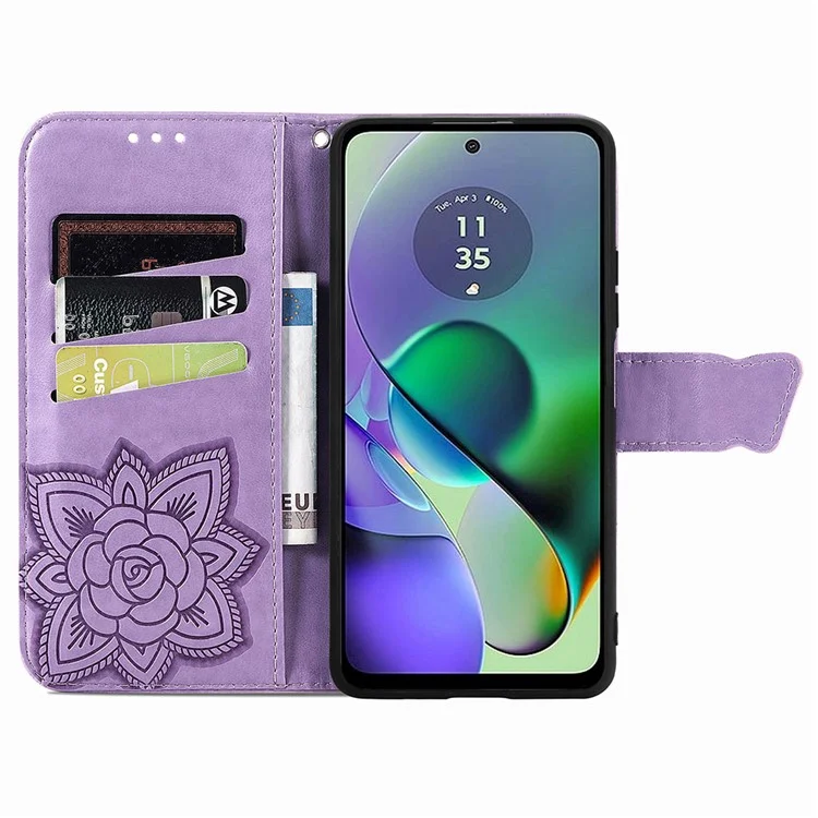 Per Motorola Moto G54 5G Cell Phone Case PU Leather Butterfly Pattern Wallet Cover - Light Purple