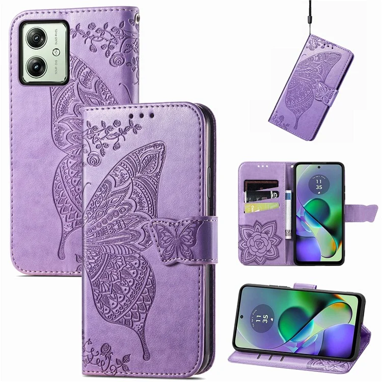 Per Motorola Moto G54 5G Cell Phone Case PU Leather Butterfly Pattern Wallet Cover - Light Purple