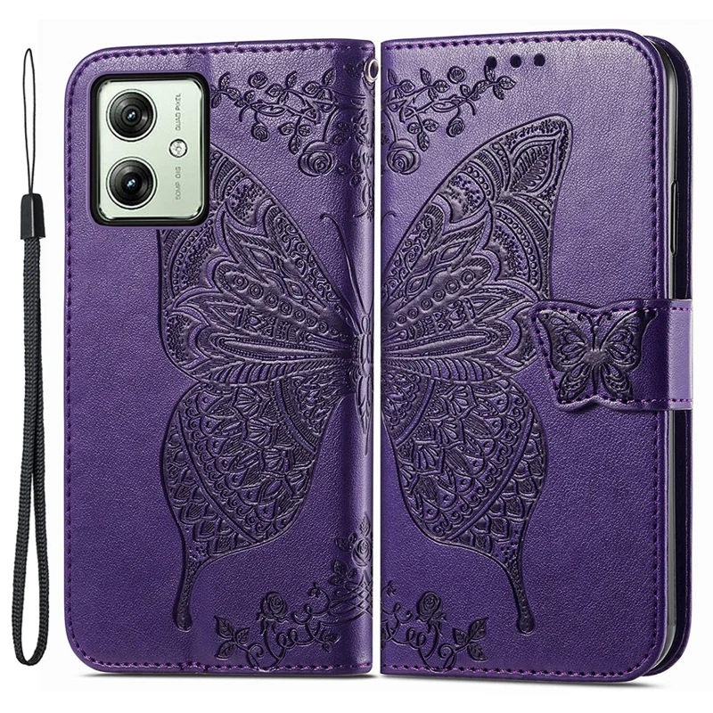 For Motorola Moto G54 5G Cell Phone Case PU Leather Butterfly Pattern Wallet Cover - Dark Purple
