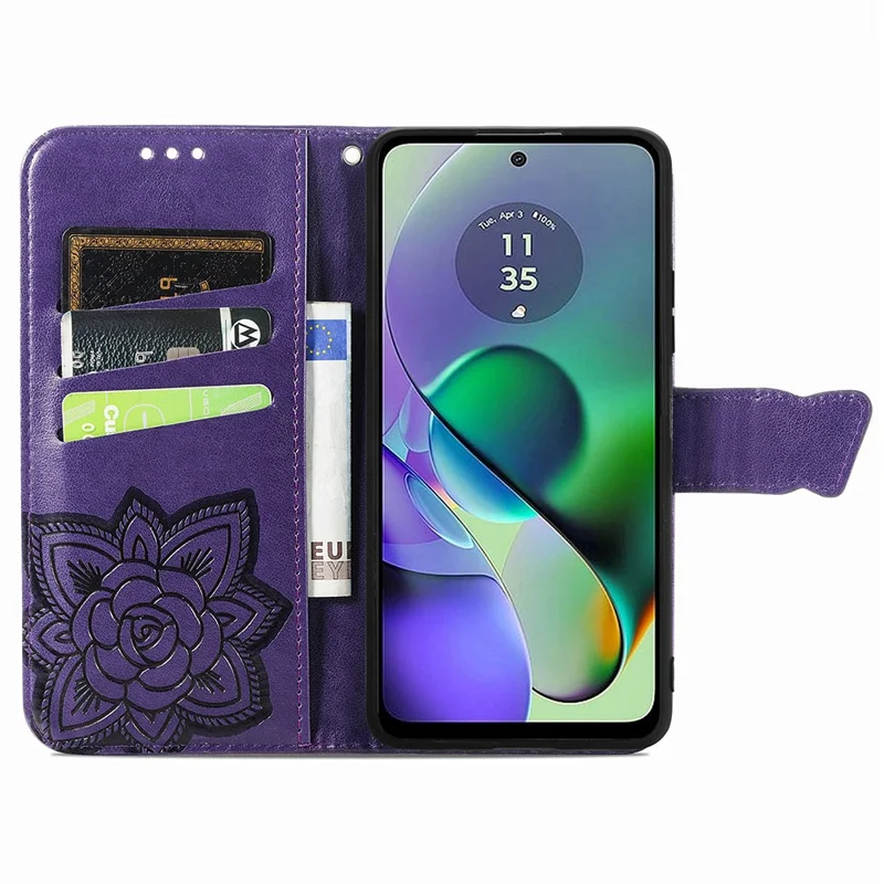 For Motorola Moto G54 5G Cell Phone Case PU Leather Butterfly Pattern Wallet Cover - Dark Purple