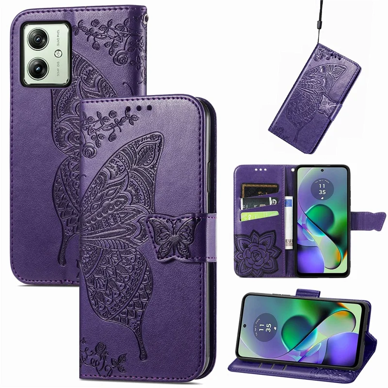 For Motorola Moto G54 5G Cell Phone Case PU Leather Butterfly Pattern Wallet Cover - Dark Purple