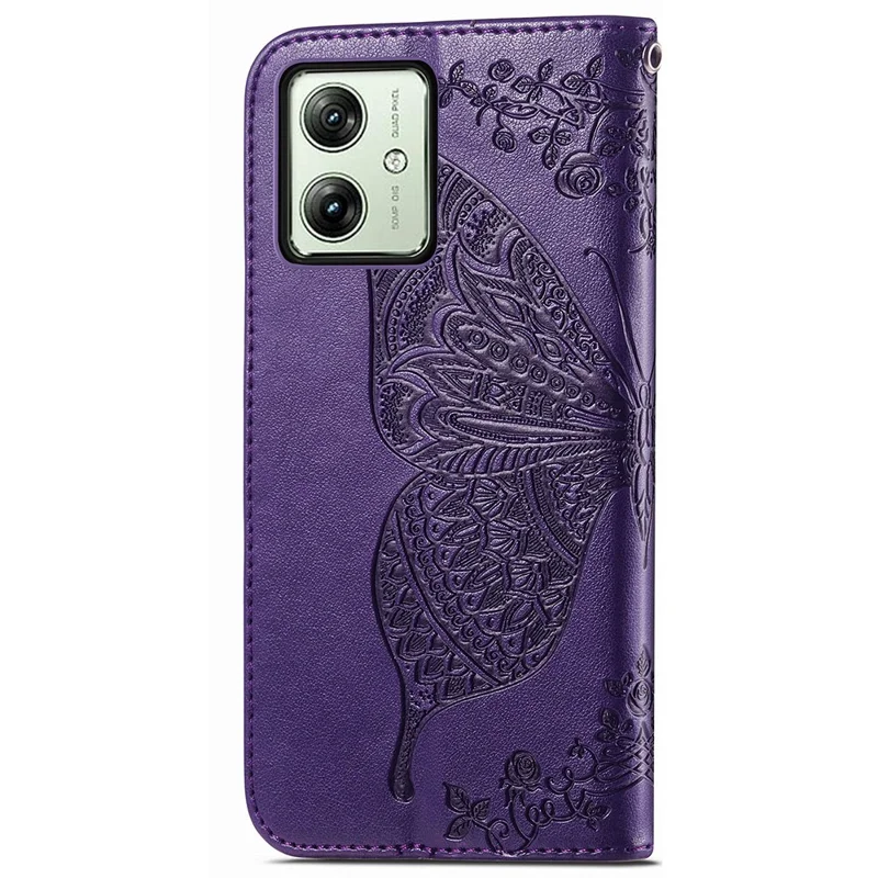 For Motorola Moto G54 5G Cell Phone Case PU Leather Butterfly Pattern Wallet Cover - Dark Purple