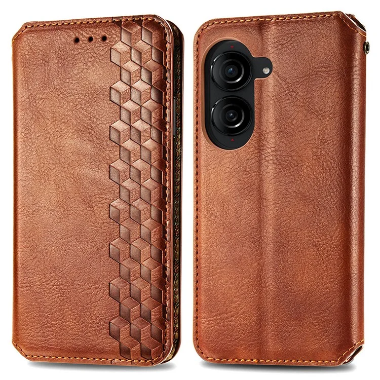 Für Asus Zenfone 10 5G Magnetische Hülle PU-Leder Rhombus-Prägung Stoßfeste Telefongeldbörse - Braun