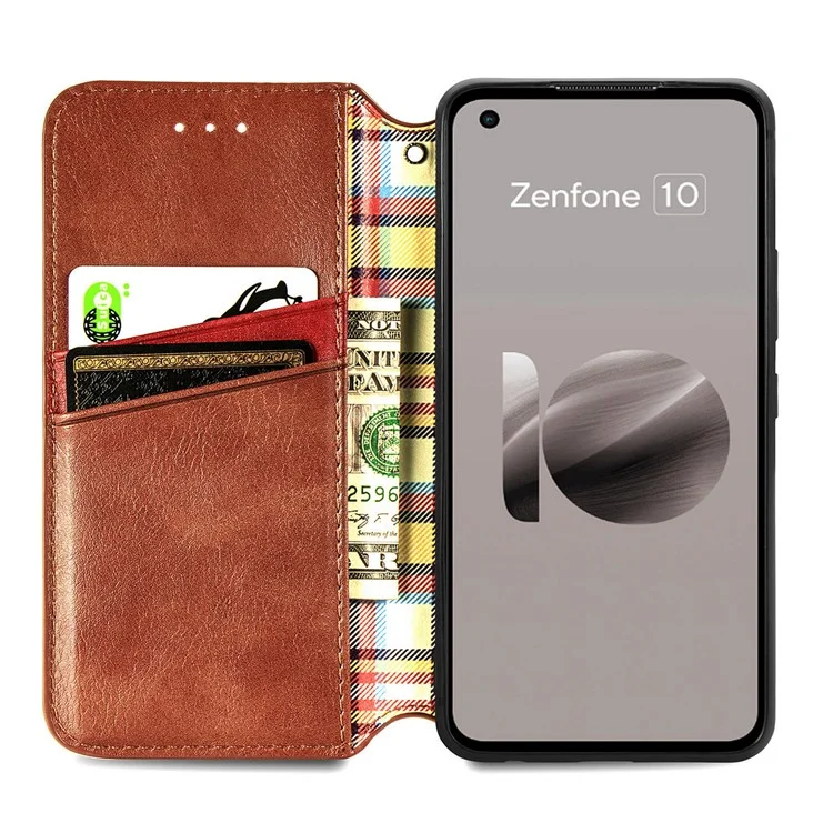 Für Asus Zenfone 10 5G Magnetische Hülle PU-Leder Rhombus-Prägung Stoßfeste Telefongeldbörse - Braun