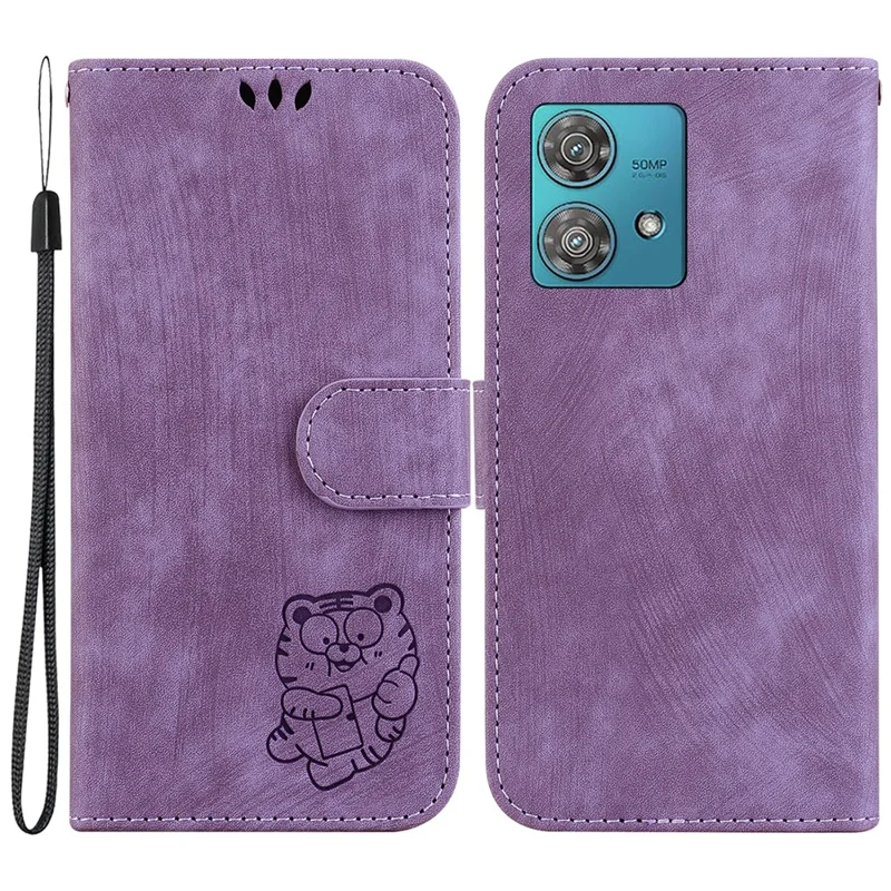 For Motorola Edge 40 Neo 5G Cell Phone Case Lovely Tiger Imprinted PU Leather Flip Cover - Purple