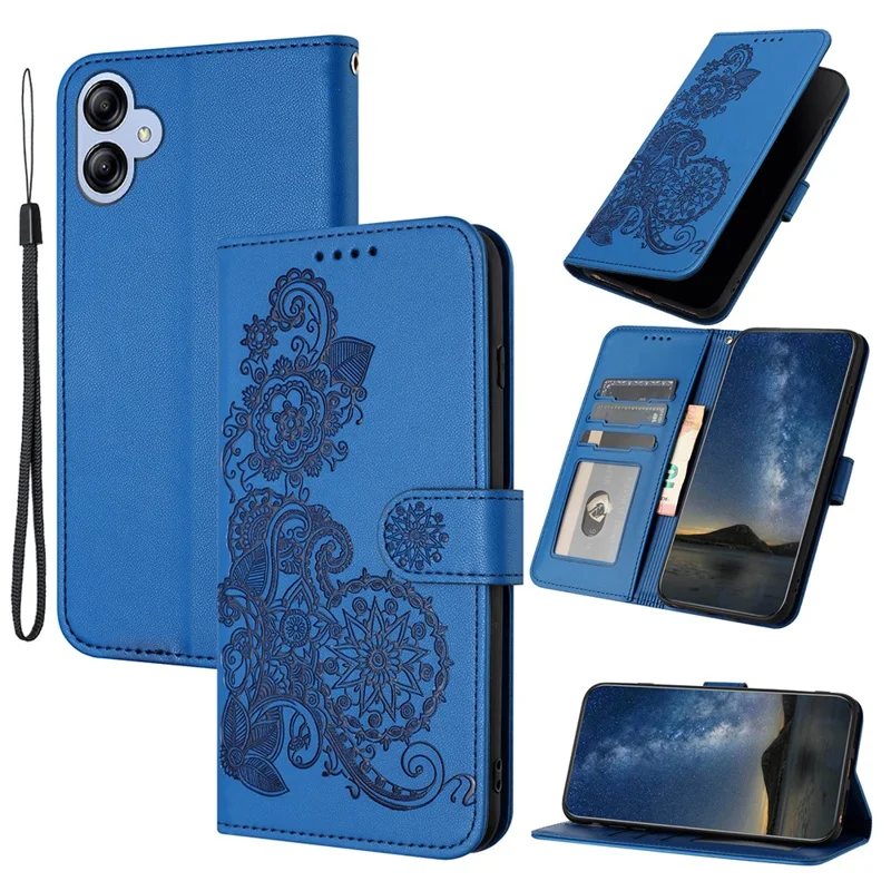 For Samsung Galaxy A05 4G Phone Cases Mandala Flower Leather Wallet Mobile Cover with Strap - Sapphire