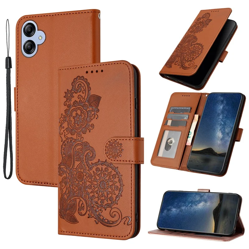 For Samsung Galaxy A05 4G Phone Cases Mandala Flower Leather Wallet Mobile Cover with Strap - Coffee