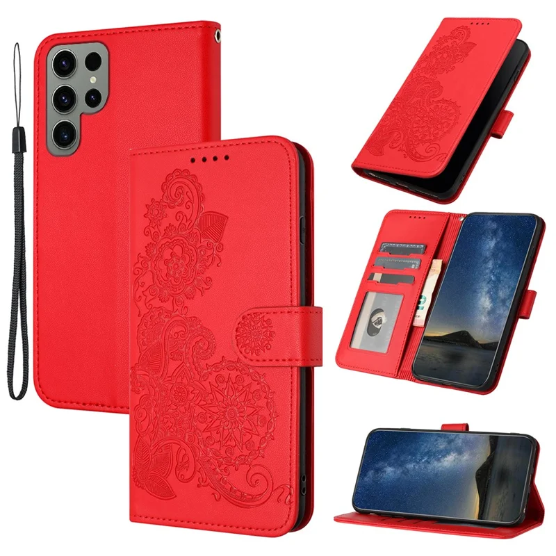 For Samsung Galaxy S24 Ultra Phone Cases Mandala Flower Leather Wallet Mobile Cover with Strap - Red