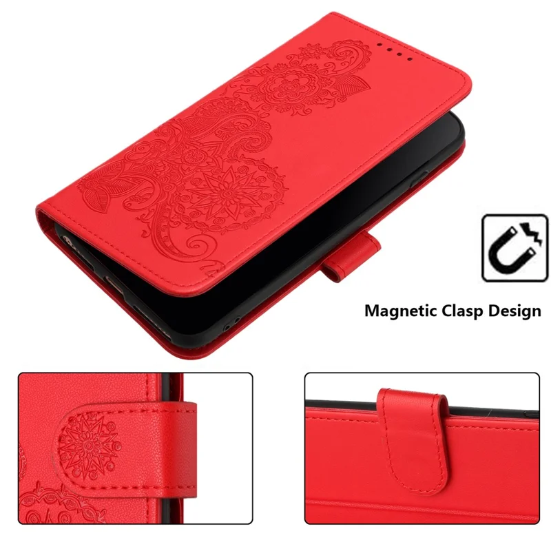 For Samsung Galaxy S24 Ultra Phone Cases Mandala Flower Leather Wallet Mobile Cover with Strap - Red