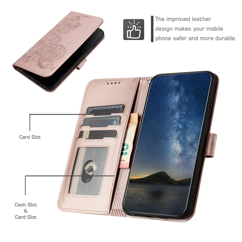 For Samsung Galaxy S24+ Phone Cases Mandala Flower Leather Wallet Mobile Cover with Strap - Rose Gold