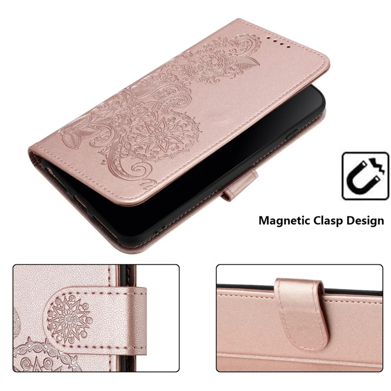 For Samsung Galaxy S24+ Phone Cases Mandala Flower Leather Wallet Mobile Cover with Strap - Rose Gold