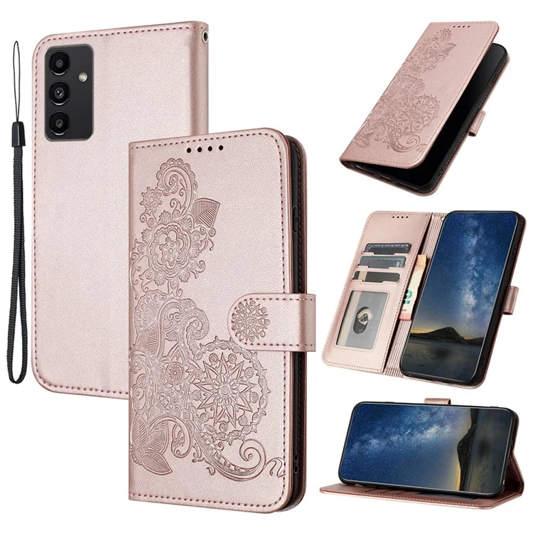 For Samsung Galaxy S24 Phone Cases Mandala Flower Leather Wallet Mobile Cover with Strap - Rose Gold