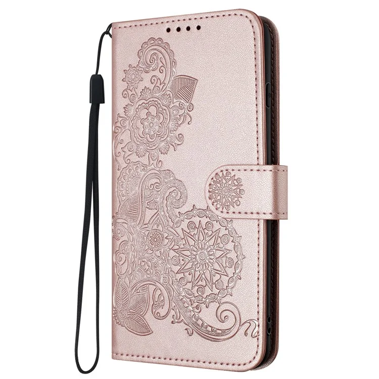 For Samsung Galaxy S24 Phone Cases Mandala Flower Leather Wallet Mobile Cover with Strap - Rose Gold