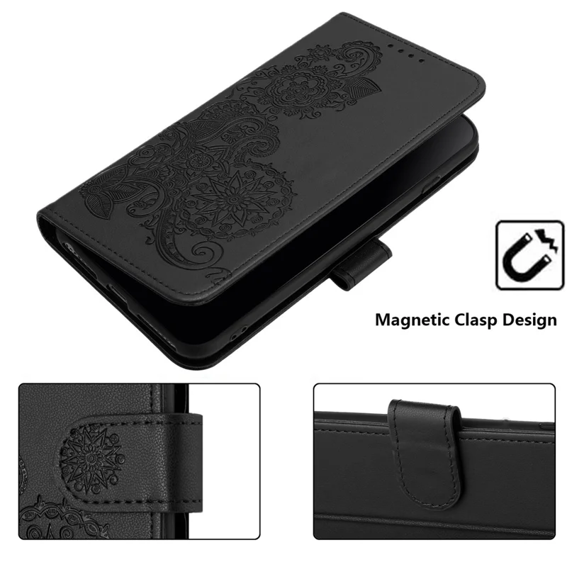 For Samsung Galaxy S24 Phone Cases Mandala Flower Leather Wallet Mobile Cover with Strap - Black