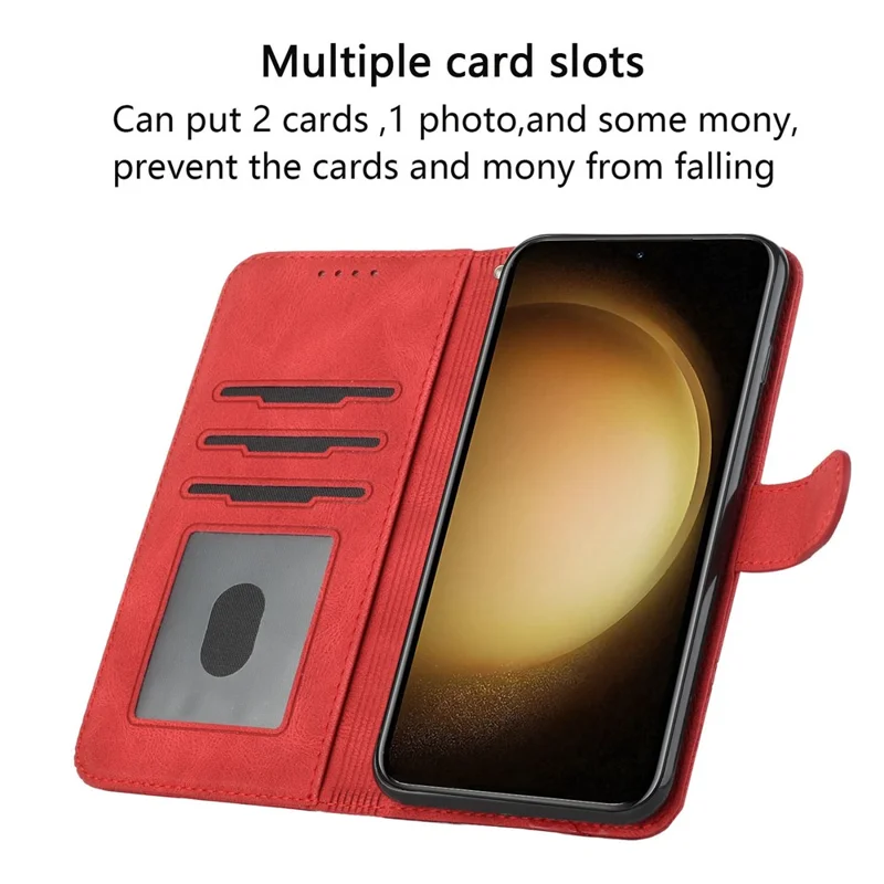 For Samsung Galaxy S24 Phone Case with Strap Imprint PU Leather Wallet Stand Cover - Red