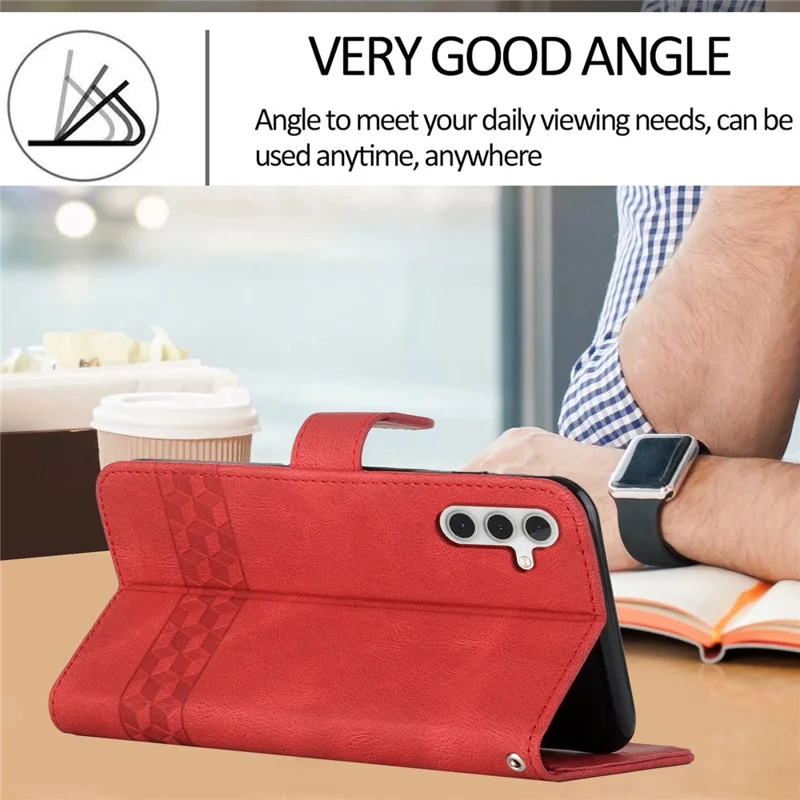 For Samsung Galaxy S24 Phone Case with Strap Imprint PU Leather Wallet Stand Cover - Red