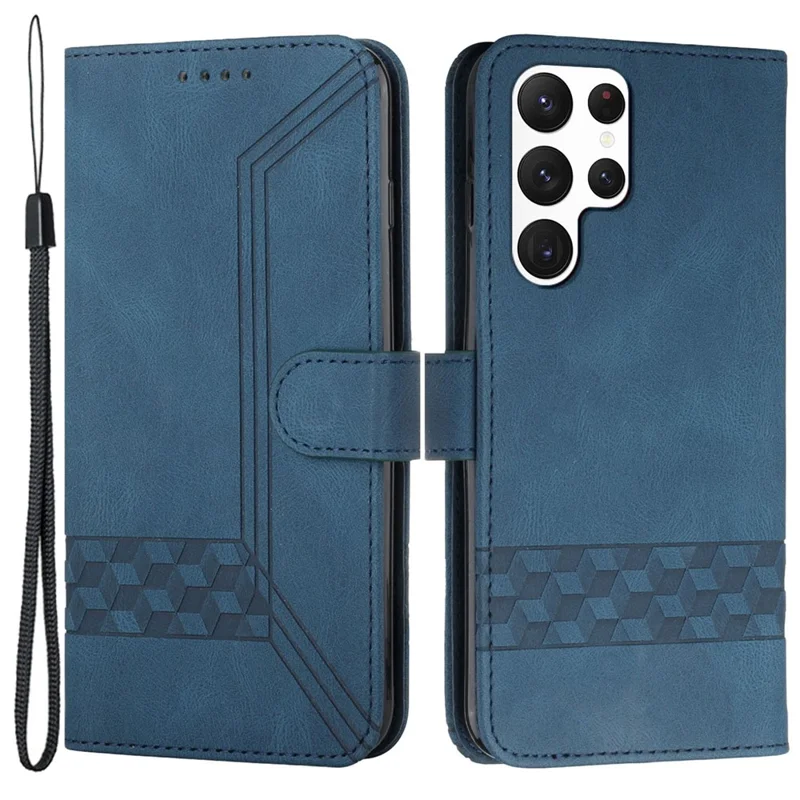 For Samsung Galaxy S24 Ultra Phone Case with Strap Imprint PU Leather Wallet Stand Cover - Sapphire