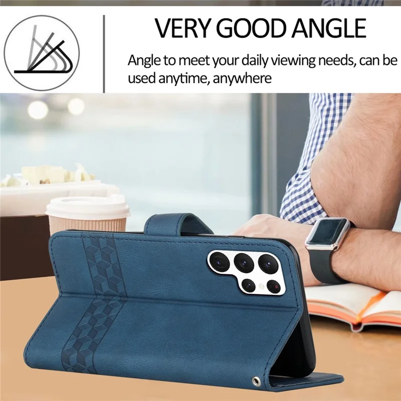 For Samsung Galaxy S24 Ultra Phone Case with Strap Imprint PU Leather Wallet Stand Cover - Sapphire