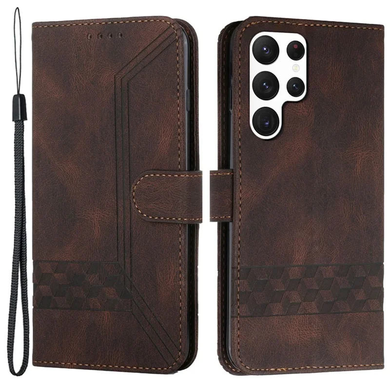 For Samsung Galaxy S24 Ultra Phone Case with Strap Imprint PU Leather Wallet Stand Cover - Coffee