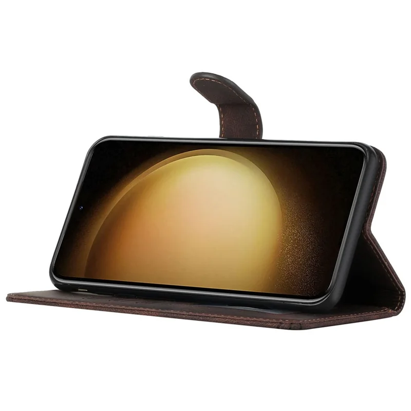 For Samsung Galaxy S24 Ultra Phone Case with Strap Imprint PU Leather Wallet Stand Cover - Coffee