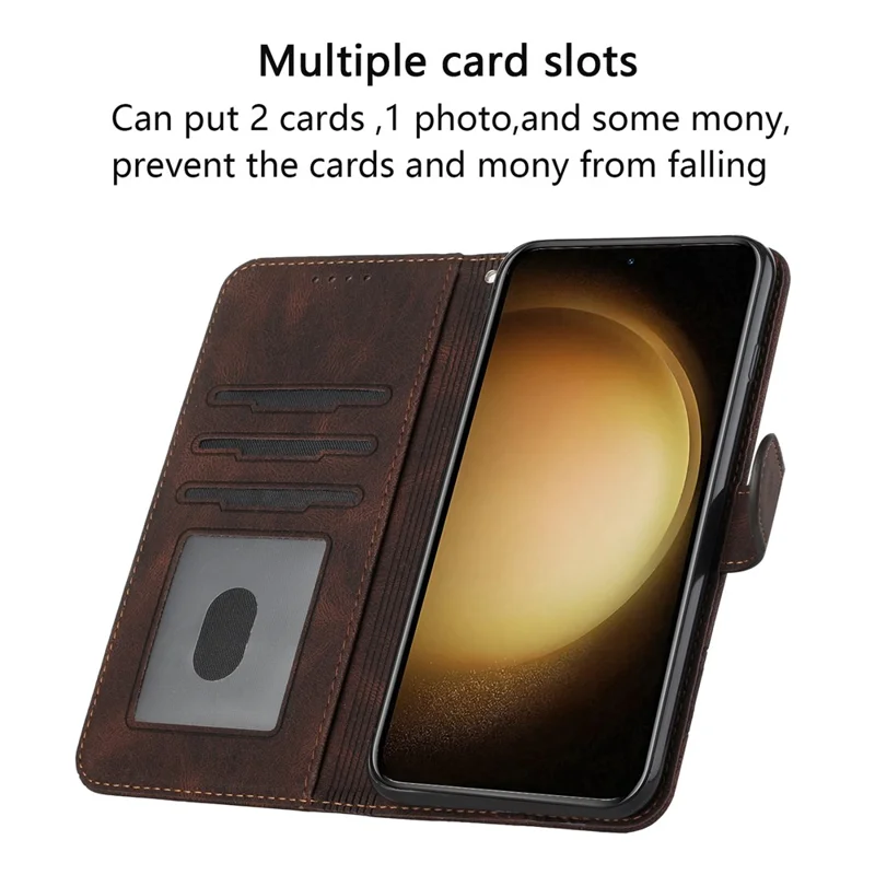 For Samsung Galaxy S24 Ultra Phone Case with Strap Imprint PU Leather Wallet Stand Cover - Coffee